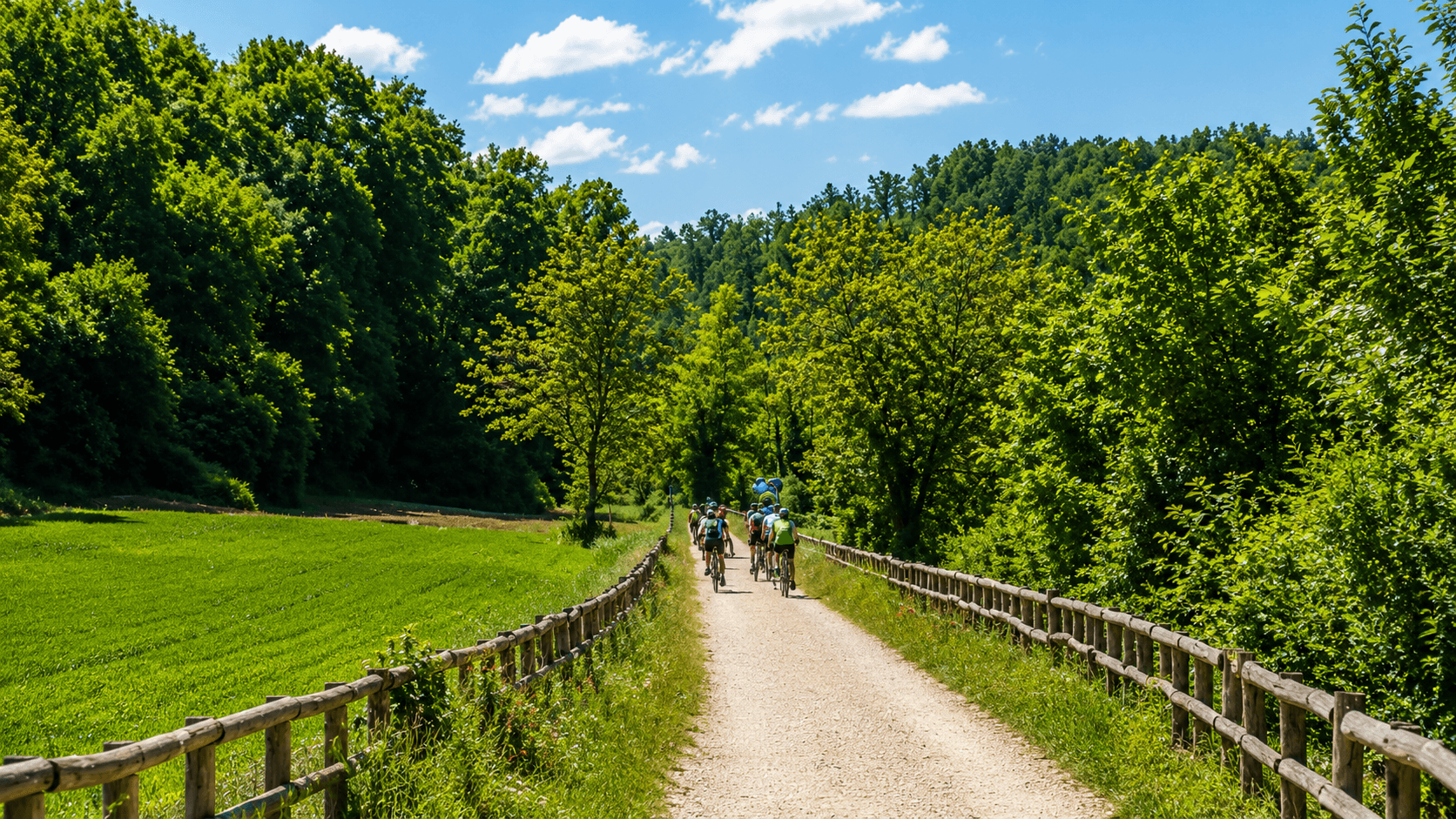 A group of e-bikers ride along a dirt road bordered by wooden fences, immersed in the greenery of the Lucca countryside, during the Lucca & Villa Reale tour