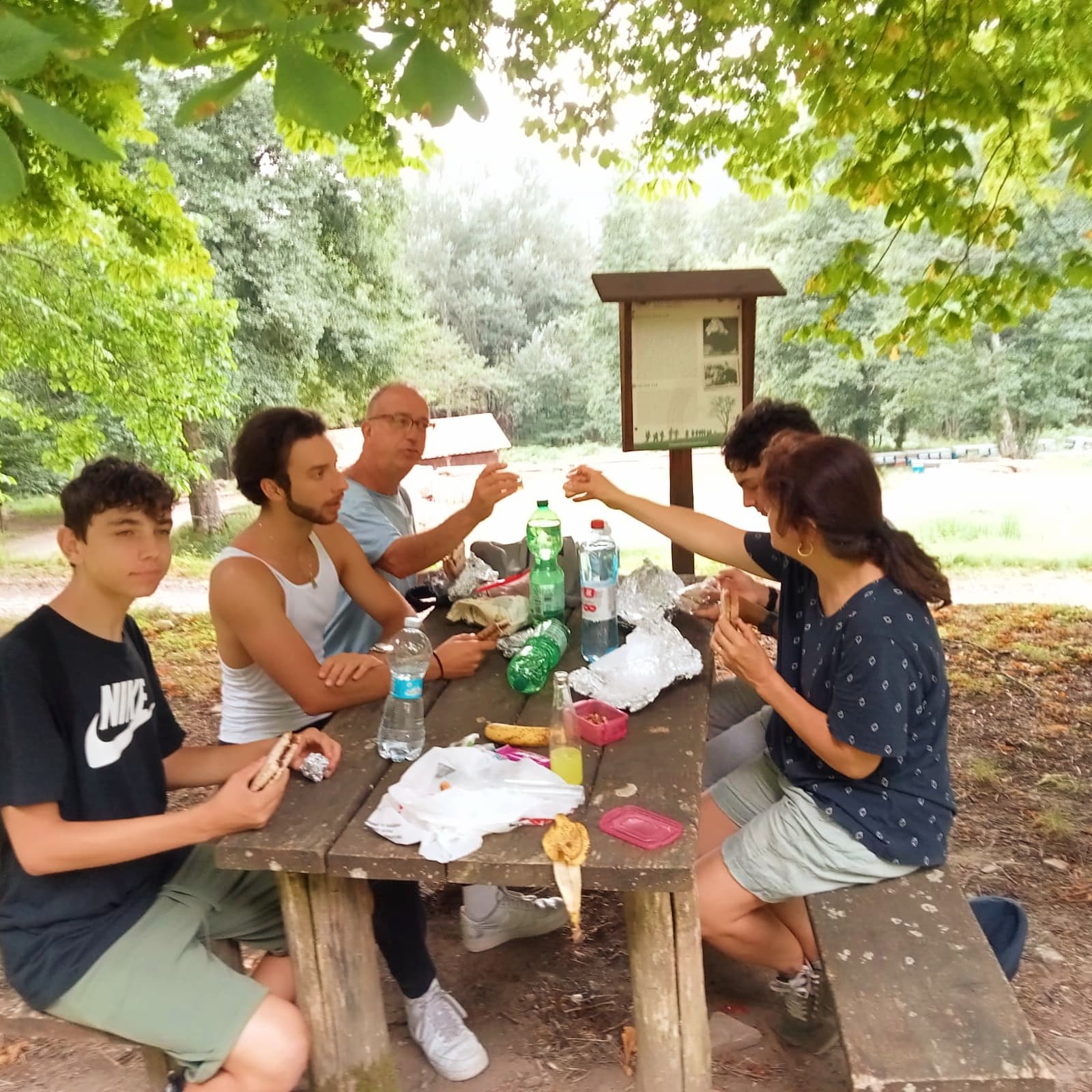 Gruppo di cinque persone, tra cui adulti e ragazzi, che consumano un picnic seduti a un tavolo in legno all'aperto in un'area attrezzata nel bosco del Parco Nazionale delle Foreste Casentinesi, durante una pausa dall'escursione in e-bike