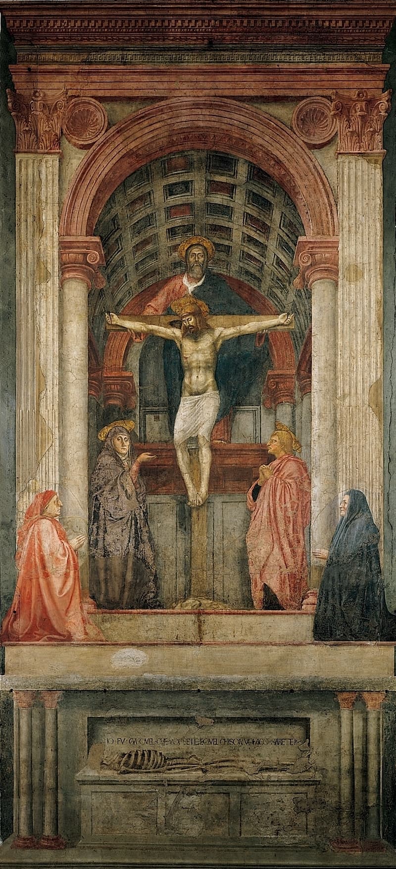 Masaccios Dreifaltigkeit von 1424, das Fresko, mit dem erstmals mit der Perspektive experimentiert wurde, ist eines der bedeutendsten Werke der Renaissancekunst.