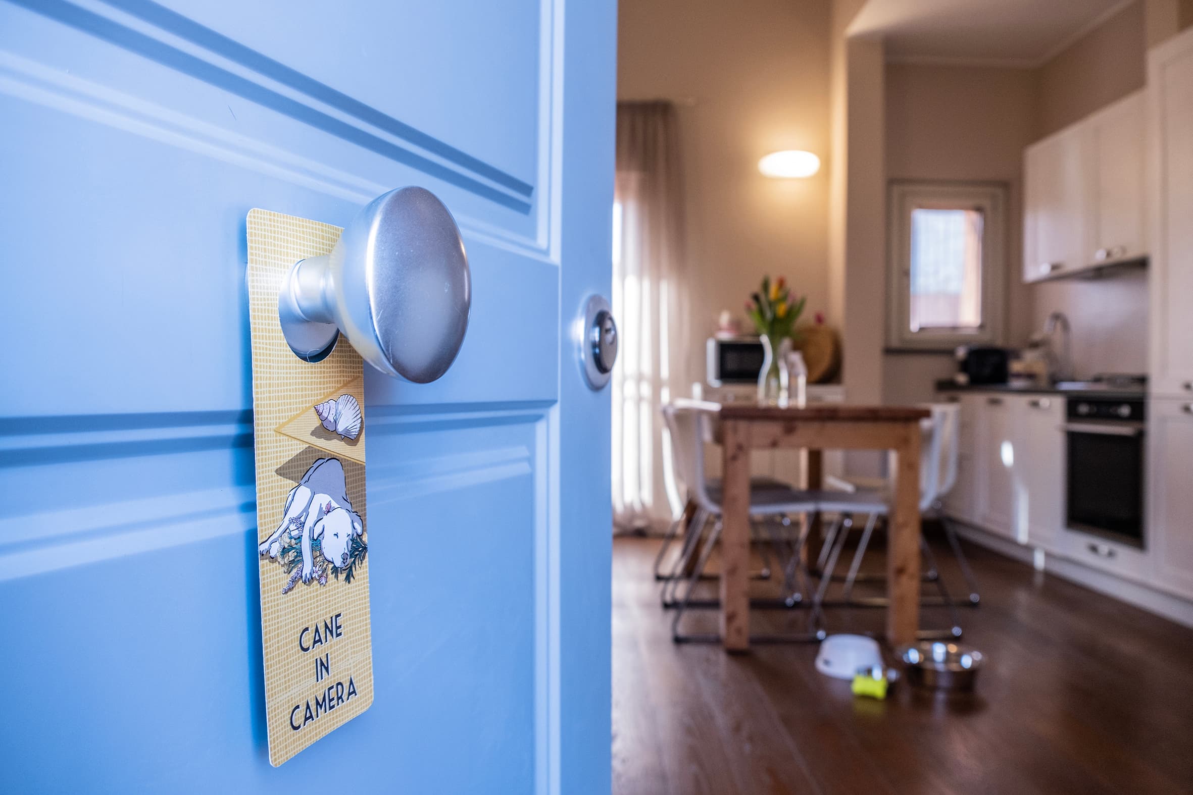 La porta blu semi aperta di un appartamento