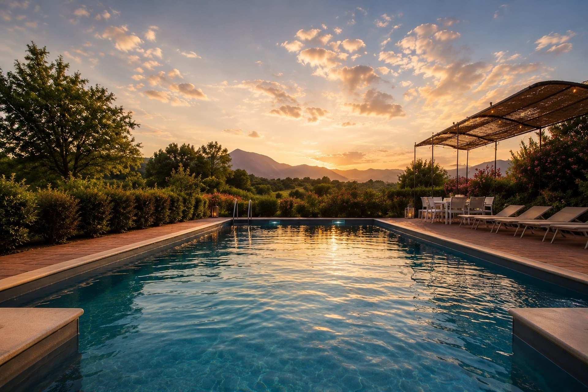 A swimming pool side while sunset