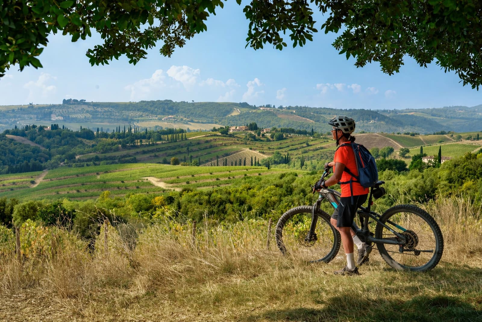 Ciclista con casco e maglia arancione fermo con la sua e-bike su un crinale erboso