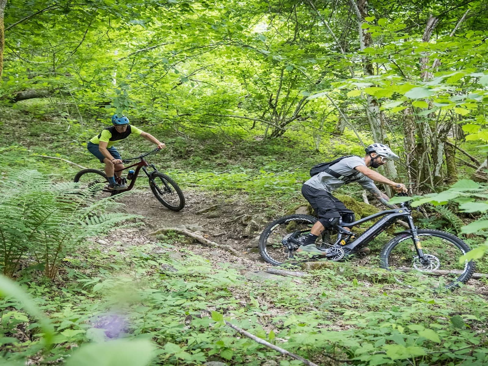 Due riders nei boschi del percorso Granfondo Apuana