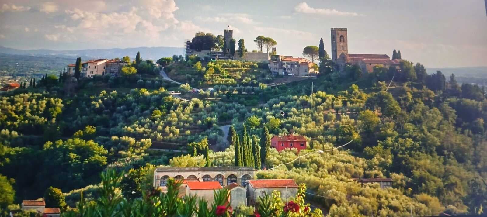 Panorama dei Colli della Valdinievole con borgo medievale su collina, oliveti e vegetazione toscana — escursione guidata a Massa e Cozzile