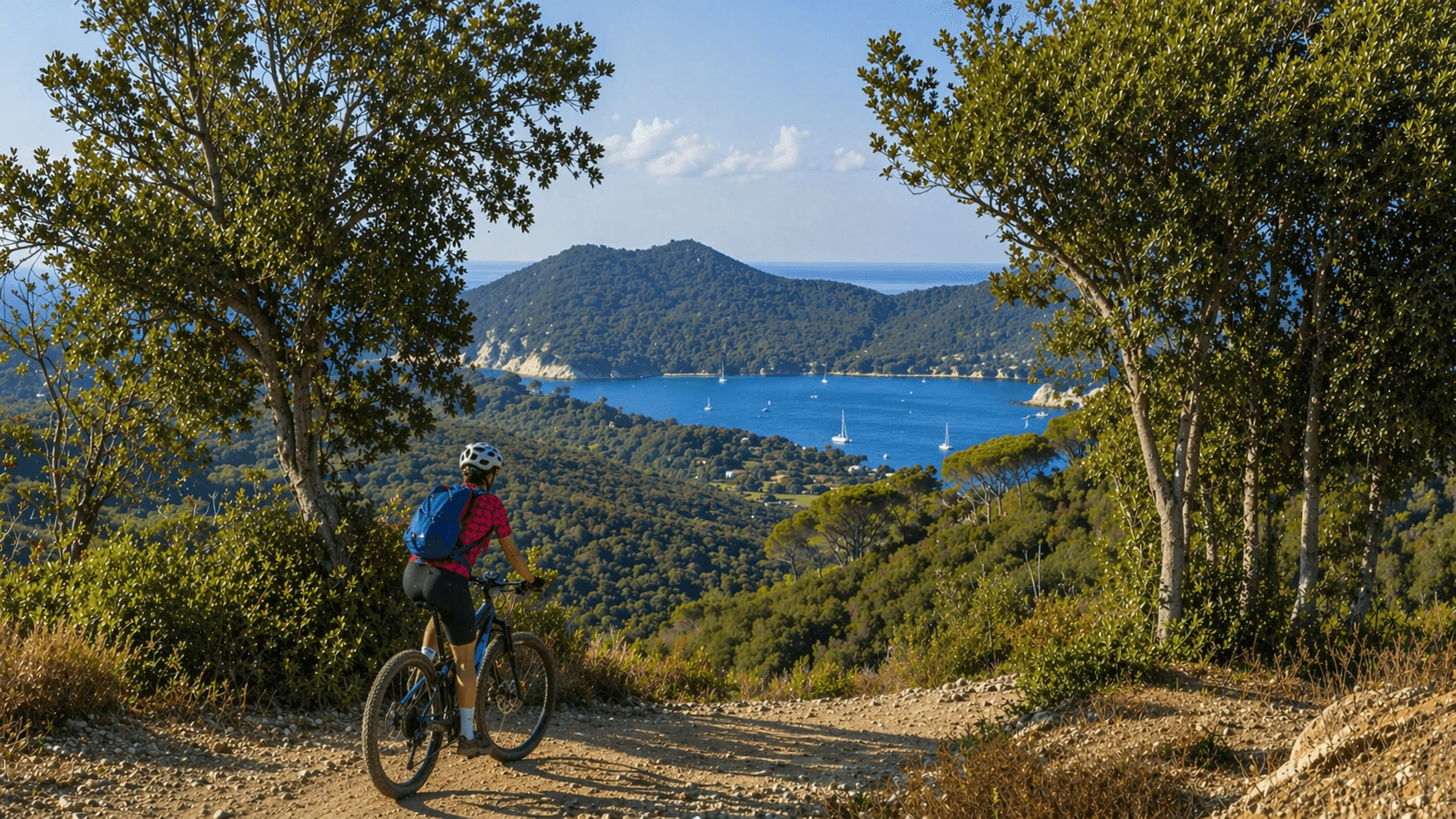 Ciclista in mountain bike ammira dall'alto un golfo con barche a vela circondato da colline boscose durante il tour in e-bike in Maremma