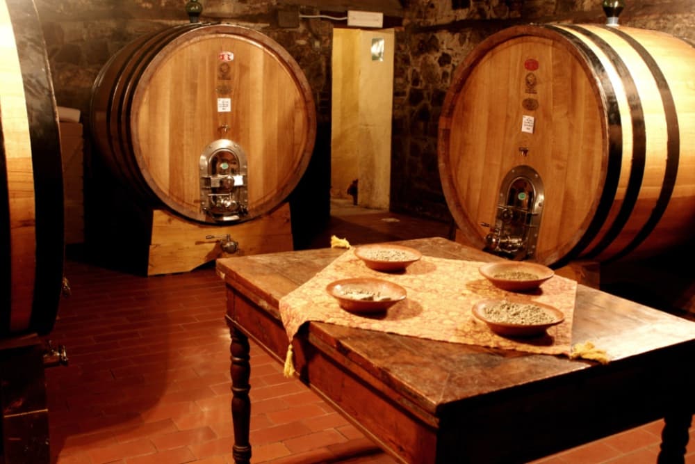 Le botti di vino e la terra del suolo di Montalcino