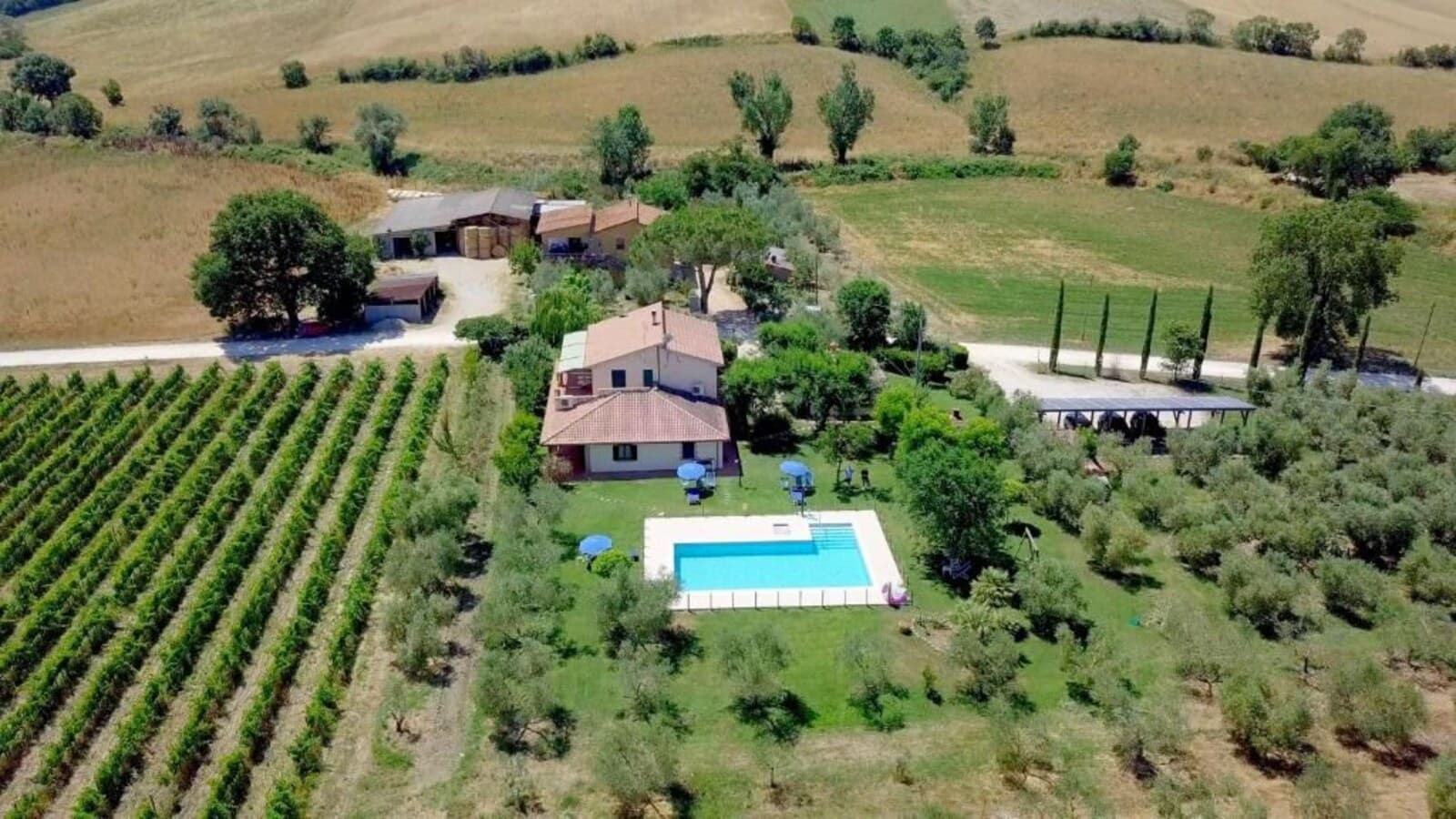 Vista panoramica della struttura agrituristica, con piscina e vigneti