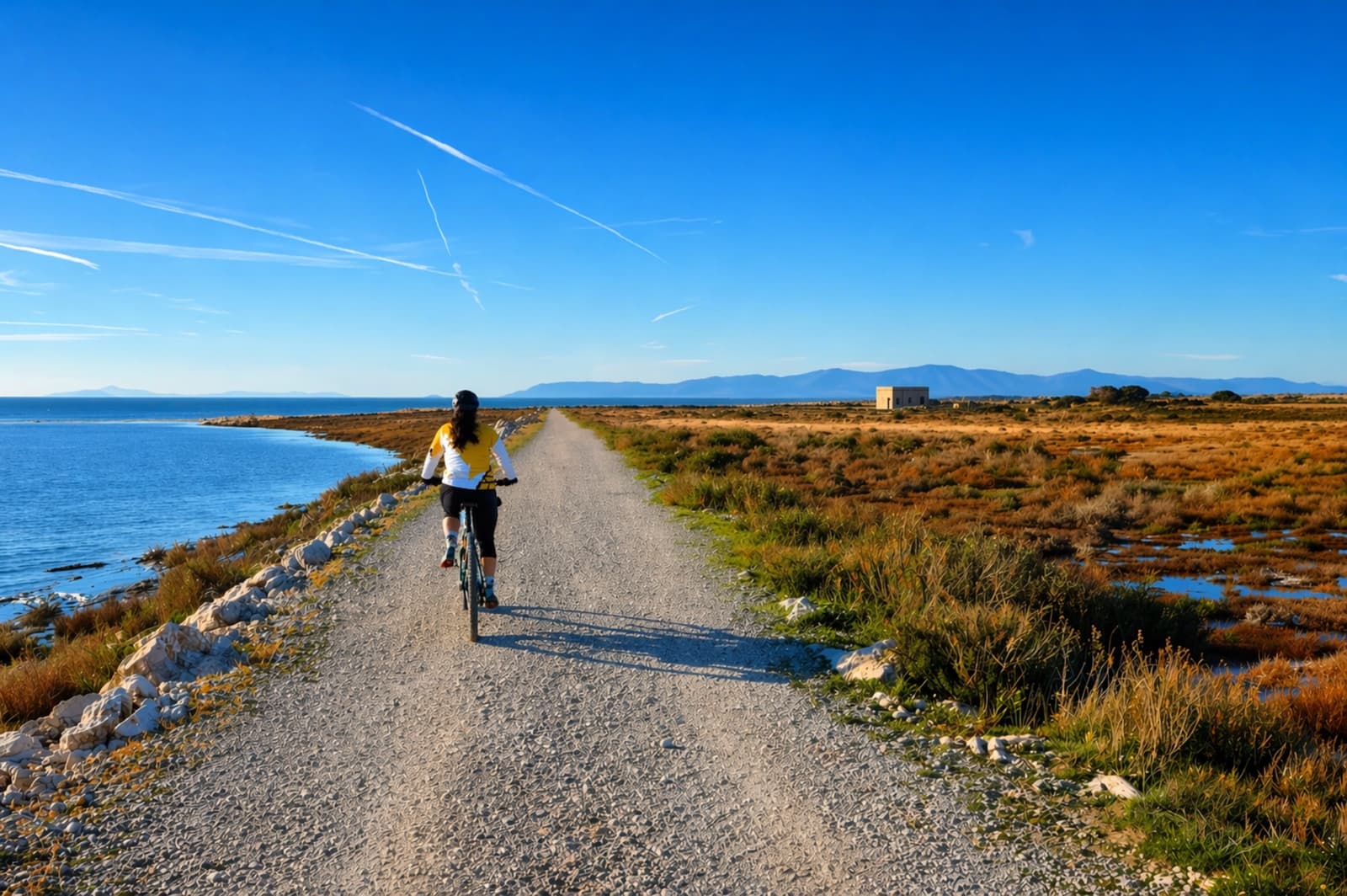 Ciclista percorre in e-bike una strada sterrata costiera tra la palude e il mare, con un edificio storico sullo sfondo