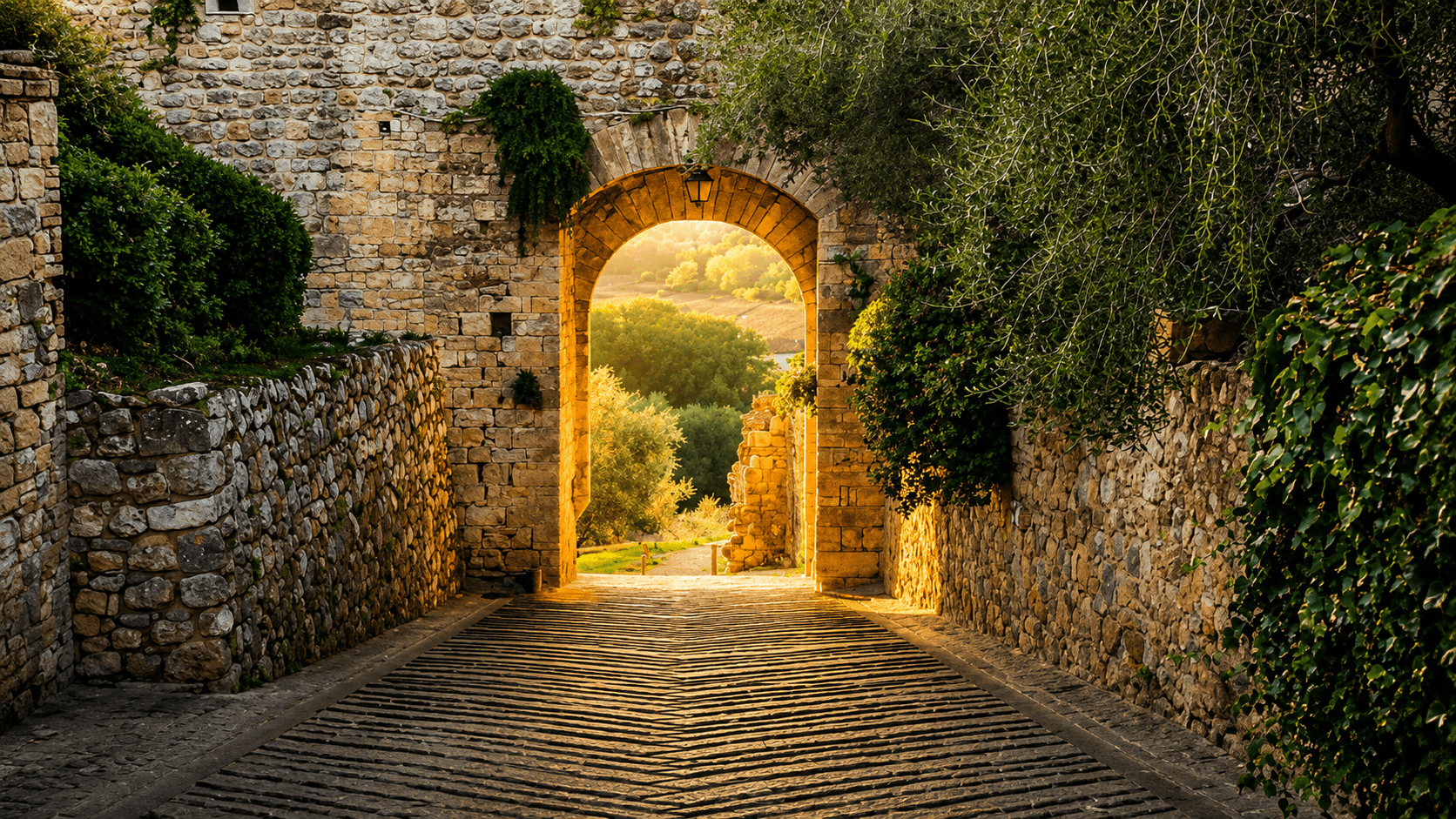 Cobbled street passing through a medieval stone archway illuminated by the golden light of sunset, with stone walls and vegetation on either side and green hills visible in the distance