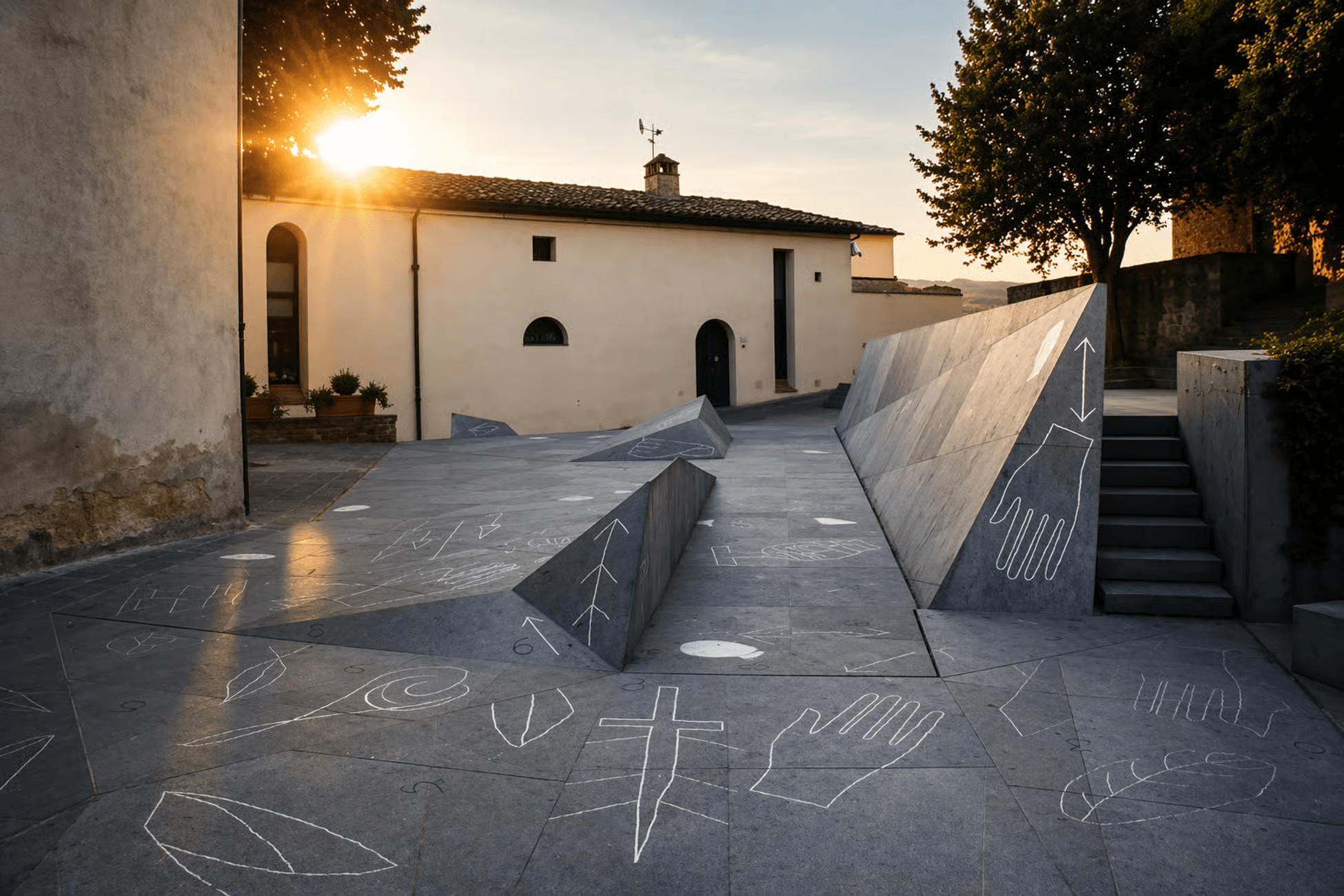 Square with stone paving and an art installation at sunset, featuring geometric sculptural elements and engravings on the ground