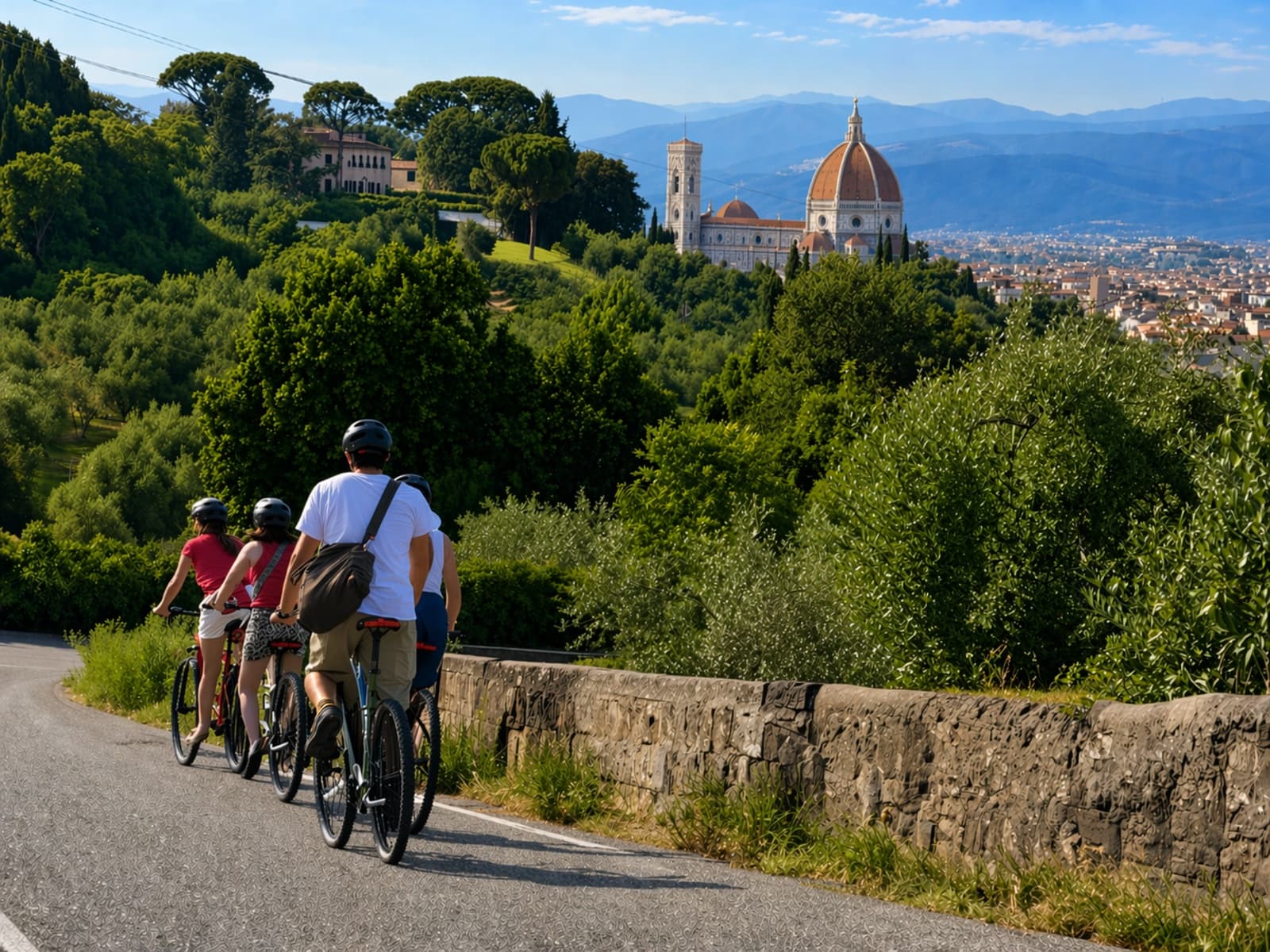 Group of cyclists on a hilly road with a panoramic view of the Florence Cathedral and the Tuscan hills