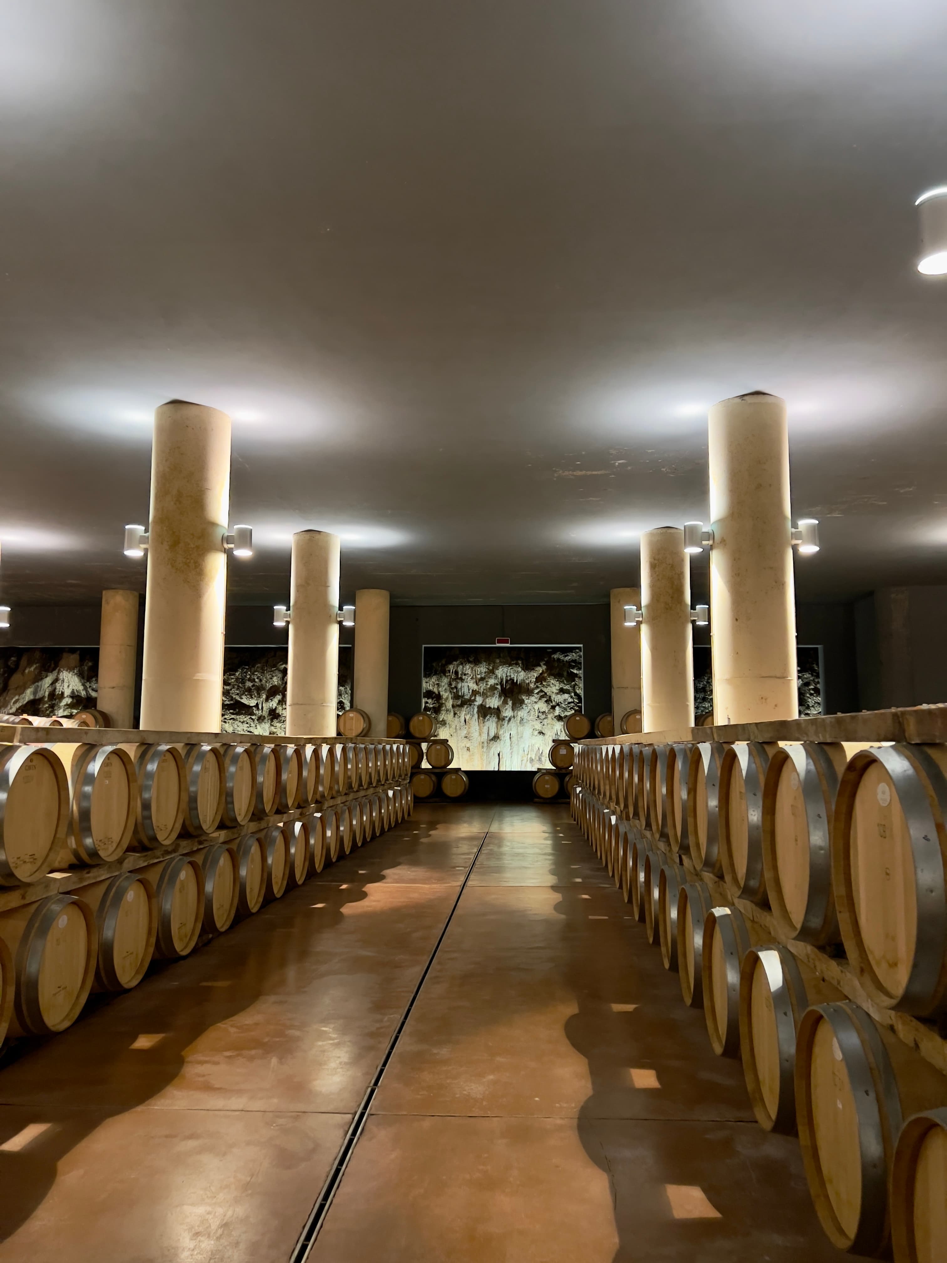 Cantina sotterranea con muri in pietra e grandi botti di rovere, dove i vini del Chianti riposano lentamente tra profumi e luci soffuse.