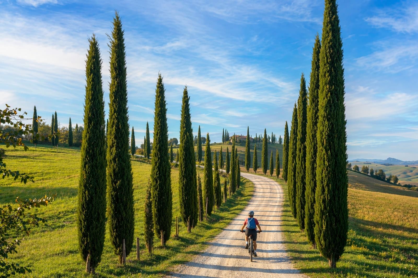 Ciclista con zaino blu che percorre in e-bike un lungo vialetto di cipressi che porta a una villa colonica in cima a una collina