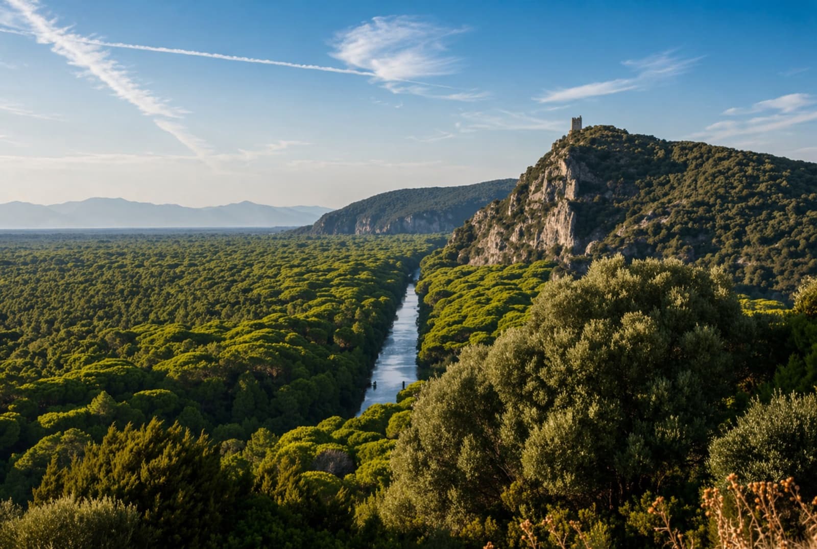 Vista aerea della pineta del Parco della Maremma attraversata da un canale, con collina rocciosa e torre in lontananza