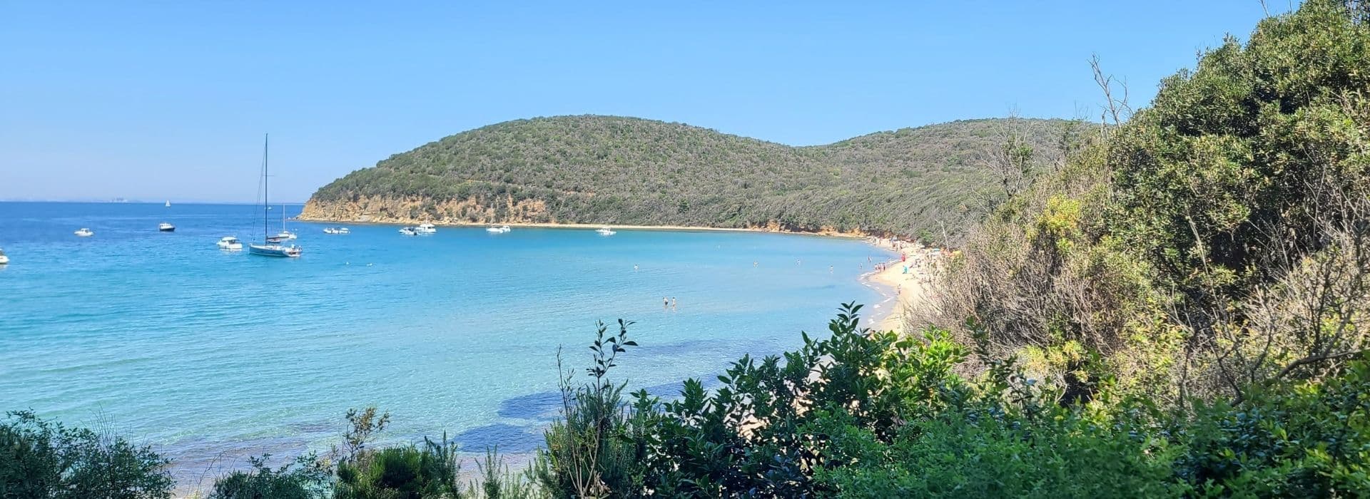 Baia di Cala Violina con acque turchesi trasparenti, spiaggia sabbiosa, barche a vela ormeggiate e promontorio boscoso della costa maremmana nei pressi di Follonica, in Toscana