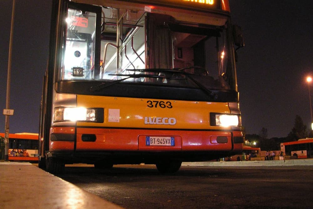 Frontal shot of a bus at night