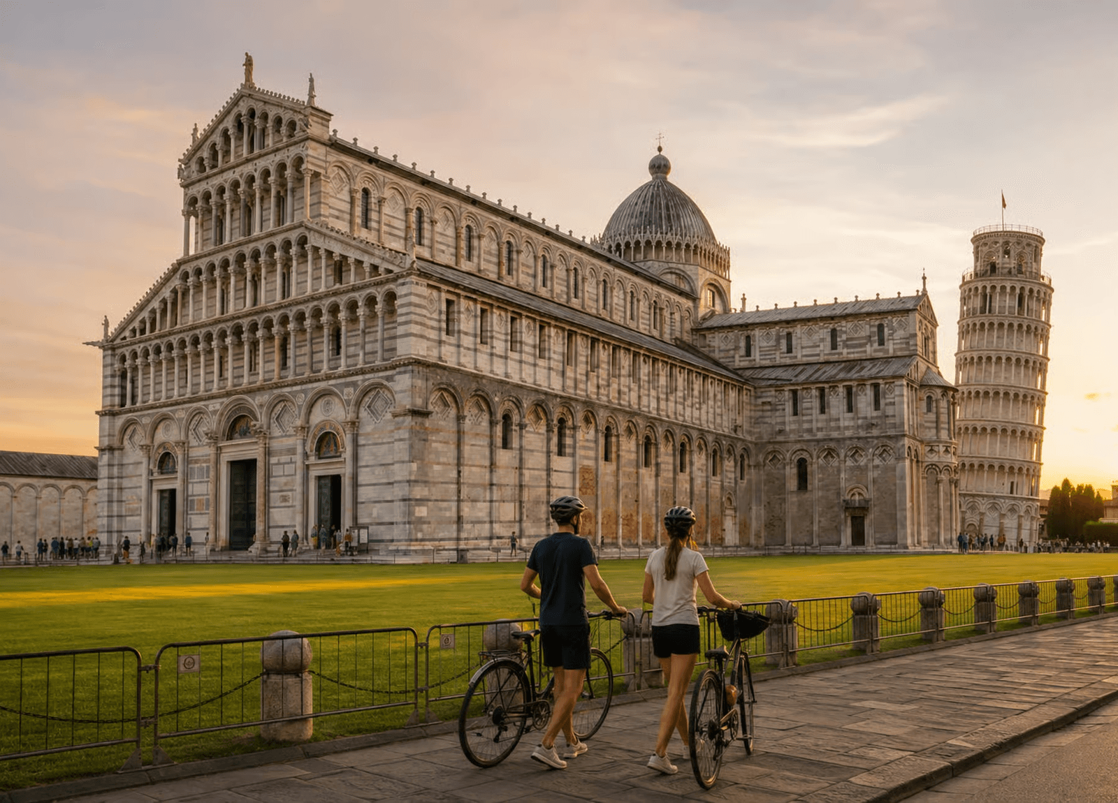 Coppia con biciclette a mano davanti al Duomo di Pisa e alla Torre Pendente al tramonto