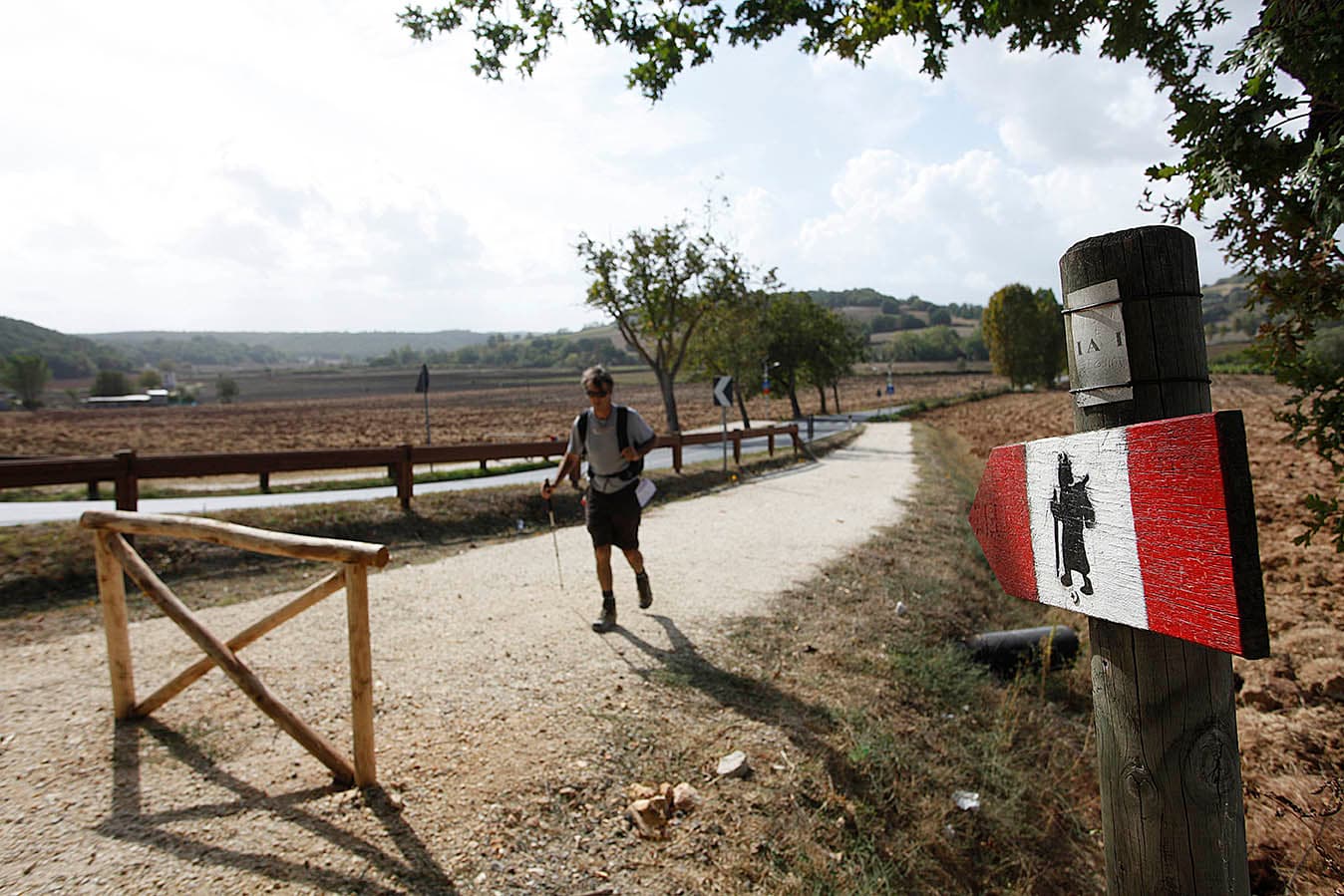 Cartello con il pellegrino lungo la Francigena