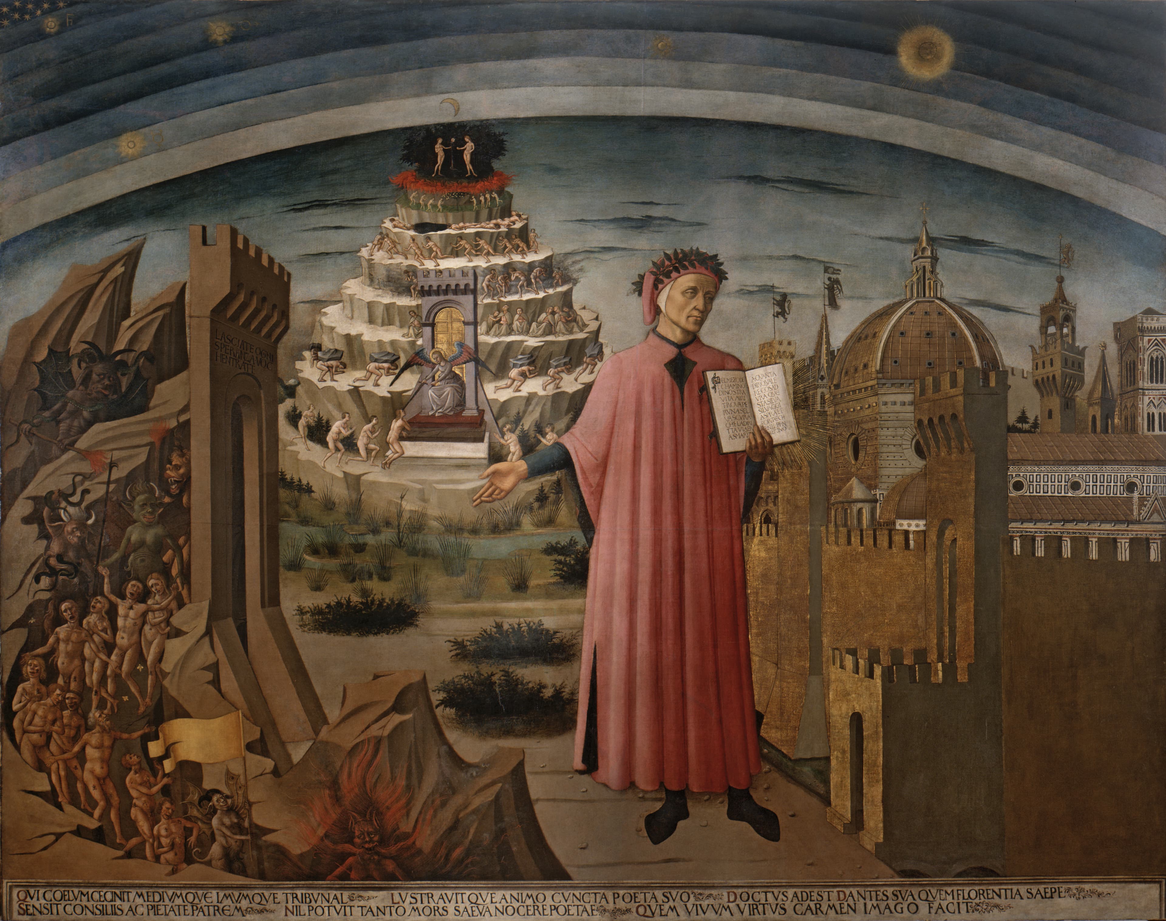 Immagine del dipinto di Domenico di Michelino, Dante e il suo poema che si trova a S. Maria del Fiore, Firenze
