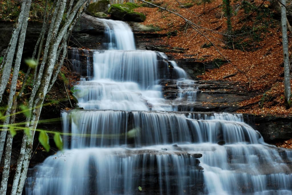 Cascades entre les rochers et les arbres dans le Casentino.