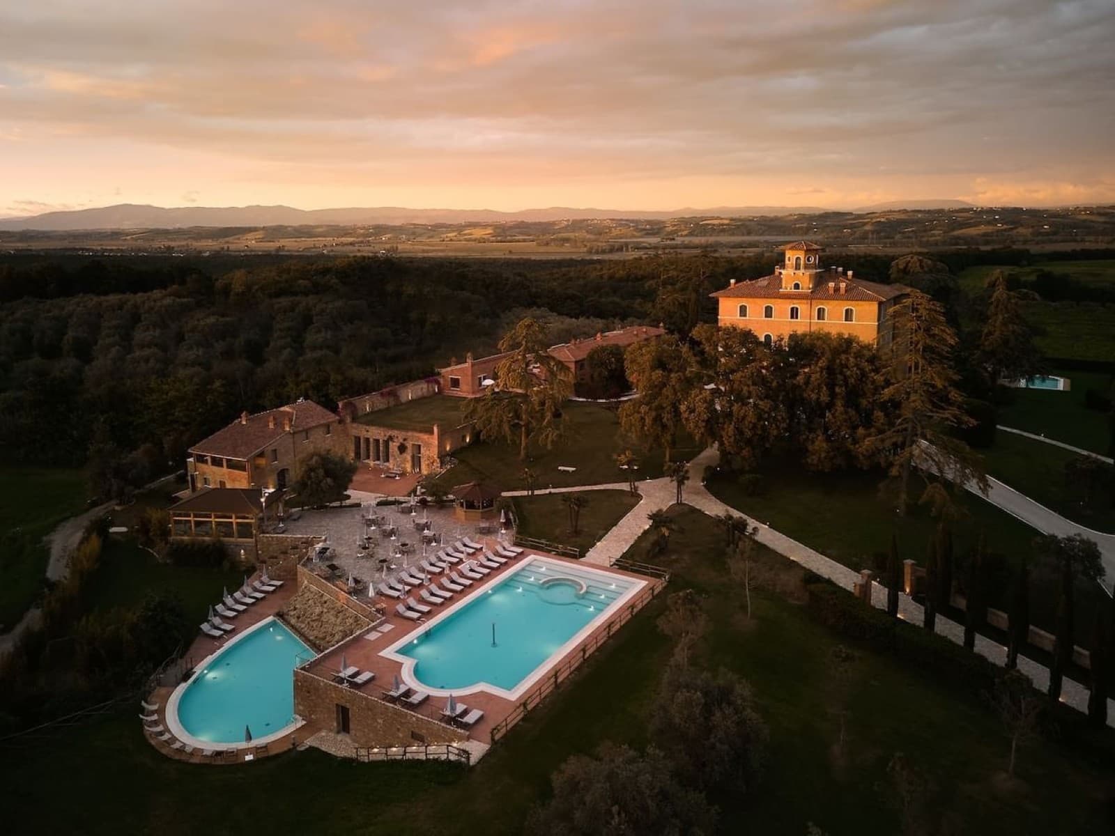 Aerial view of Precise Tale Poggio alla Sala, luxury resort with swimming pool set in the Val d’Orcia countryside near Montepulciano