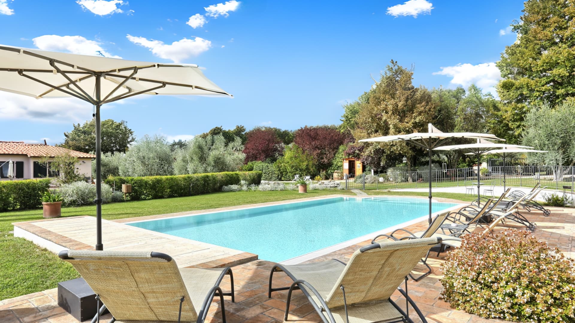 Outdoor saltwater pool with sun loungers and umbrellas at a farmhouse in Saturnia, Tuscany.