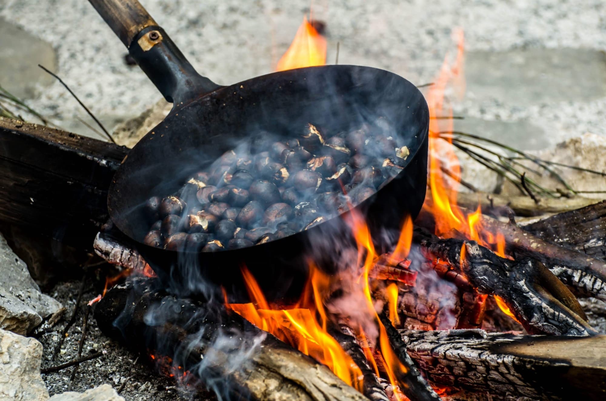 Preparación de mondine (castañas asadas) en sartén, en el fuego de una hoguera