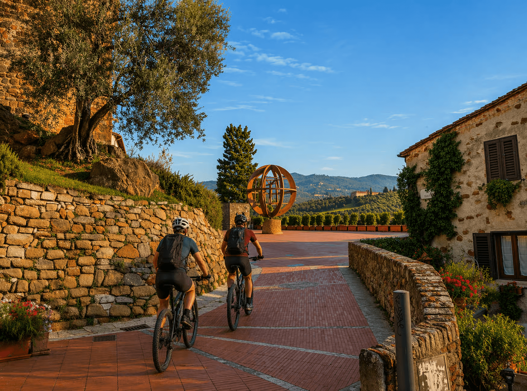 Two mountain bikers riding along a cobbled alley in a Tuscan village at sunset, with an olive tree and a spherical corten steel sculpture in the background