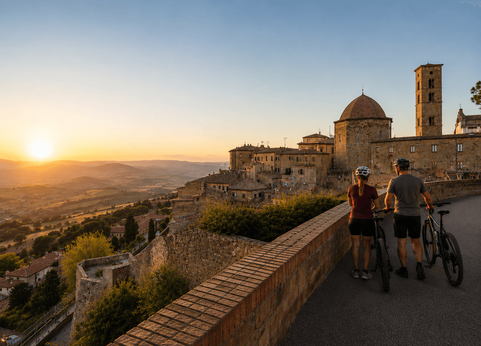  Coppia di ciclisti con e-bike in sosta alle mura medievali di Volterra al tramonto, con vista panoramica sulla campagna toscana e la cattedrale sullo sfondo
