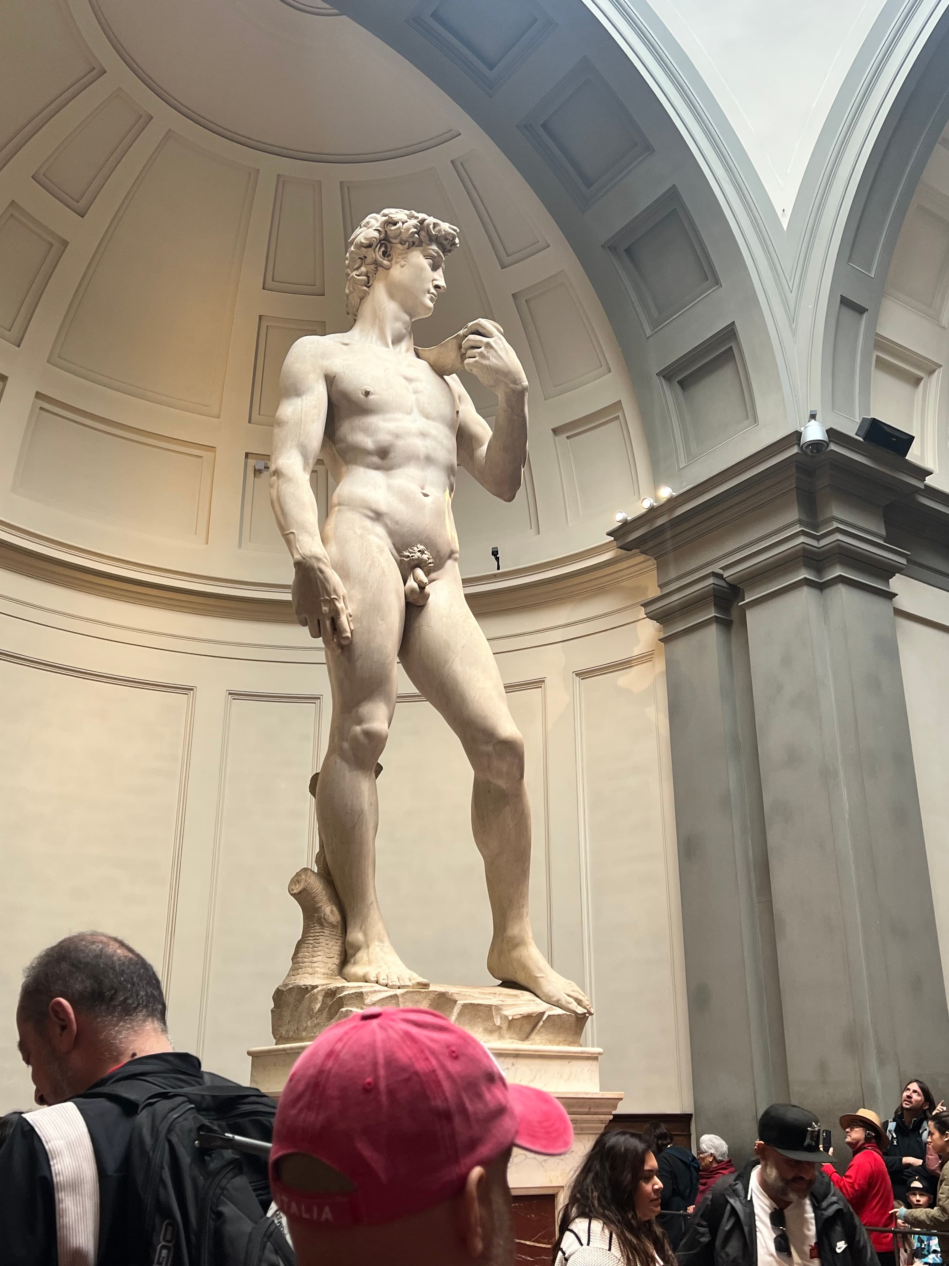 Statua del David nella Galleria dell'Accademia con visitatori nella sala.